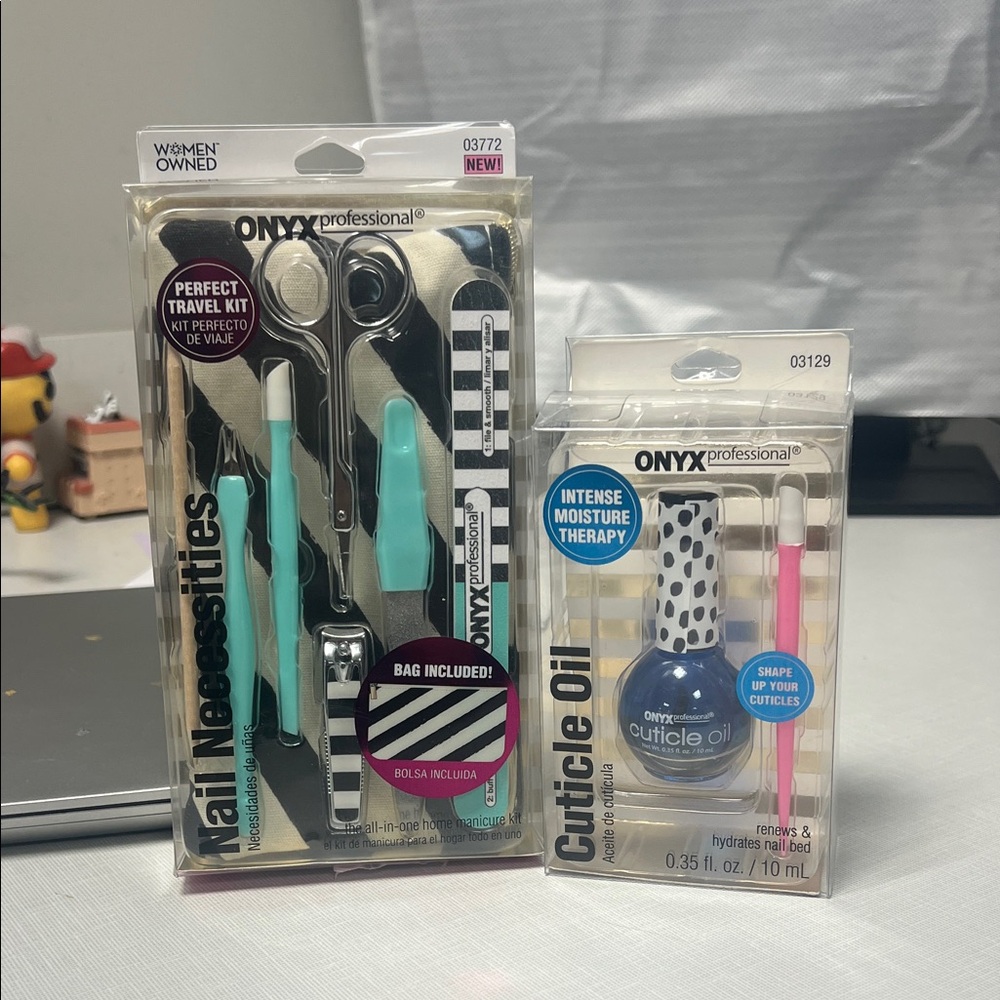 Onyx Professional Nail Necessities and Cuticle Oil Set - Black, Blue, Pink